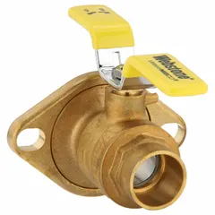 This WEBSTONE brass ball valve features a 1-1/2 inch full port ball port for minimal pressure drop. The straight body with sweat x flange connections allows integration with copper tubing and flanged piping. It is manually operated via a tee handle, suitable for on/off flow control in water, oil, and gas systems.