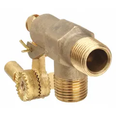This BOB R400-3/8 float valve body is an angle-style unit for horizontal piping, constructed of brass with male NPT connections on both sides. It features an adjustable arm and 1/4"-20 rod threads, delivering a flow rate of 9 gpm at 35 psi for water media. Supplied without float and rod, it is used in tanks and reservoirs for automatic liquid level control.