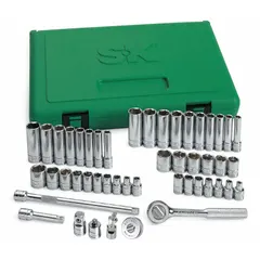 This 48-piece socket set includes a 4.5 in fixed round head ratchet with friction mechanism and deep sockets. It covers metric sizes 4 mm to 15 mm and SAE sizes. Suitable for tightening and loosening fasteners in automotive repair, machinery maintenance, and general assembly tasks.