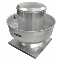 Wall-mounted belt-drive kitchen exhaust fan with a 15-inch wheel, 2,443 cfm airflow, and a 1 hp Open Dripproof motor. Rated for 230/460V AC, single-speed, standard efficiency. Includes drive package; suitable for high-static pressure applications in commercial ventilation.