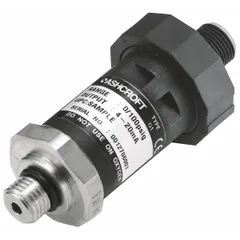 Pressure transmitter with 4 to 20mA DC output, ±0.5% accuracy, and 0-300 psi range. Features a 4-pin M12 connector, 7/16 in male SAE process connection, and nylon housing with IP67 and NEMA 4X ratings. Overpressure capability is 2x range, burst pressure is 10x range. Suitable for industrial pressure measurement in hydraulic systems, pumps, and compressors.
