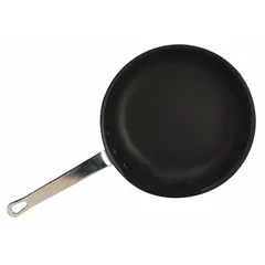 This 8 1/2-inch non-stick fry pan features an aluminum body with a silver finish and a chrome riveted handle. NSF certified for commercial use, it is suitable for preparing eggs, pancakes, and sautéed items in high-volume foodservice environments.