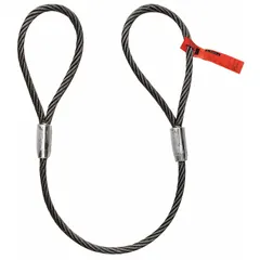 This 4 ft single-leg wire rope sling features eye terminations on both ends for attachment to hooks or shackles. Constructed of uncoated steel, it is used for lifting and rigging loads in industrial settings such as construction, manufacturing, and warehousing.
