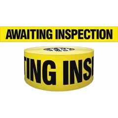 APPROVED VENDOR Barricade Tape, 3 in x 1,000 ft, Awaiting Inspection, Polyethylene, Black on Yellow