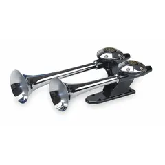 Air-powered trumpet horn designed for passenger vehicles. Delivers a high-tone sound at 125 dB maximum. Includes flexible inlet hose. Black unfinished finish. Compatible with 12V DC systems.