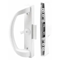 This recessed handle is designed for sliding doors in applications such as machine enclosures, equipment cabinets, and access panels where space is limited. It measures 7 3/8 inches in height and 3/4 inches in width, providing a flush-mount locking solution.