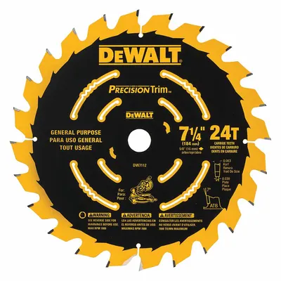 DEWALT Circular Saw Blade: 7 1/4 in Blade Dia., 24 Teeth, 0.06 in Cut Wd, 5/8 in Arbor Size - Wood-Cutting Blades