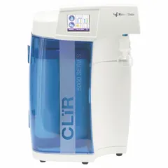 Benchtop water purification system producing Type I water with resistivity > 18 MΩ/cm from a DI feed source. Removes bacteria, delivers 2.5 lpm flow rate, and connects via 3/8" OD feed connection. Operates on 120V/60Hz power.