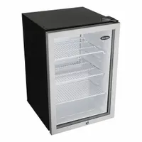 This DANBY mini refrigerator offers 2.6 cu ft of total capacity with automatic defrost and four shelves for organized storage. The glass swing door allows easy viewing of contents, making it suitable for offices, dorm rooms, or small kitchens. It operates on a standard 3-prong plug and is finished in silver