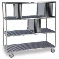 This LAKESIDE pan drying rack features three shelves with 120 slots for air-drying sheet pans, baking trays, and other cookware. Dimensions: 26 in depth, 58 5/8 in height, 63 1/2 in width. NSF Certified for use in commercial kitchens and food-service facilities