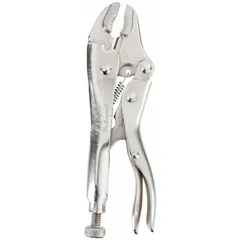 Curved-jaw locking pliers with lever-type, plain grip design. Jaw length 1 7/16 in, overall length 4 in, maximum jaw opening 1 in. Used for clamping, gripping, and holding workpieces in metalworking, fabrication, and maintenance tasks.