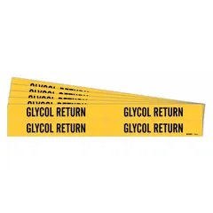 Yellow adhesive pipe marker with black legend text reading 'Glycol Return', designed for pipes with outer diameters from 3/4 to 2-3/8 inches. Each pack contains 4 markers without directional arrows, sold in a 5-pack quantity. Used to identify pipes carrying glycol return fluid in HVAC, refrigeration, and industrial process systems.