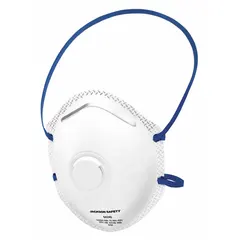 This N95-rated molded respirator features an exhalation valve to reduce heat buildup during extended wear. It includes a dual non-adjustable headstrap and a metal nose clip for a secure fit. Suitable for use in industrial environments where protection against non-oil-based airborne particles is required.