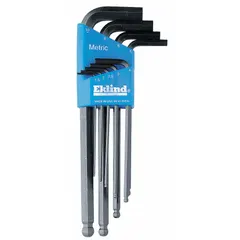 This 9-piece L-shaped hex key set features metric sizes with a single ball end for angled access in confined spaces. The long length provides extended reach, and the black oxide finish offers corrosion resistance. Suitable for tightening or loosening hex socket screws in assembly, maintenance, and repair tasks.