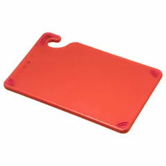 Red co-polymer cutting board measuring 9 inches overall length by 6 inches overall width. NSF Certified for sanitation compliance. Suitable for food preparation tasks in commercial kitchens and foodservice operations.