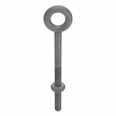 This machinery eye bolt is made of galvanized steel for corrosion resistance. It has a 3/8"-16 thread size and a 3-inch thread length, and includes a nut. The without-shoulder design is suited for straight-line lifting, pulling, or securing loads in rigging and material handling applications.