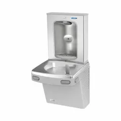 This OASIS on-wall single drinking fountain includes a bottle filler for convenient refilling of reusable bottles. The stainless steel housing features a Graystone finish and gray color, with top panel access for filter changes. Chilling capacity is 8 gallons per hour at 50°F. Suitable for commercial and institutional settings such as schools, offices, and public buildings.