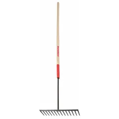 This asphalt rake features a steel head for spreading and leveling hot asphalt, gravel, and other loose materials. The straight wood handle measures 60 inches in length, providing leverage for heavy-duty paving and grading tasks.