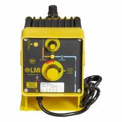 Compact solenoid-driven diaphragm metering pump with 115V AC operation. Features a PVC head, PTFE diaphragm, ceramic check balls, PVDF/Polyprel seals, and PVC fittings. Provides a maximum flow rate of 60 gpd with ±1.0% reproducibility. Suitable for precise chemical dosing in water treatment, industrial processing, and chemical injection applications.