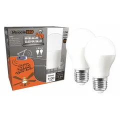 This MIRACLE LED bulb features an A19 shape with a frosted finish, providing soft, even illumination. It operates at 12W with a 5000K color temperature and uses a standard E26 medium screw base. Rated for rough service, it is suitable for applications where vibration or impact may occur, such as ceiling fans or garage door openers.