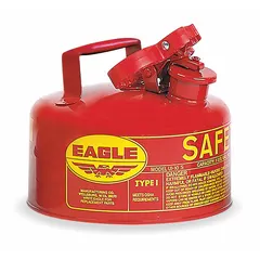 EAGLE Type I Safety Can (UI10S) is a 1-gallon capacity container made of powder-coated steel in red. Designed for storing and dispensing flammable liquids in industrial settings such as machining, maintenance, and chemical processing facilities.