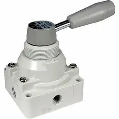 Lever-actuated manual air control valve with side-ported body, 2 ports, and 1/4 in NPT connections. Designed for three-position operation with exhaust function. Used to start, stop, and direct compressed air flow in pneumatic systems requiring manual operator control.