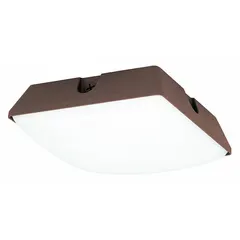 LED canopy light delivering 9,300 lumens at 4000K color temperature with 75W fixture wattage. Operates on 120-277V AC and features a Type V distribution pattern for wide, uniform illumination. Housing in bronze finish. Suitable for parking garages and covered outdoor areas requiring general or security lighting.