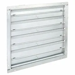 Rectangular motorized control damper with 45 in height, 45 in width, and 13 1/4 in length. Constructed of steel with 1 1/2 in flange width, flat blades, and normally open switch action. Operates on 100/240V AC and handles maximum air velocity of 3500 fpm. Used in HVAC systems to regulate airflow in ducts for commercial or industrial ventilation.