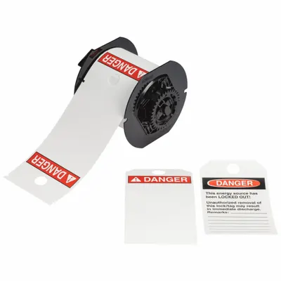 BRADY Pre-Cut Label Stock Roll: Danger, 5 3/4 in x 3 1/4 in, Polyester, White - Brady Danger Tags on Roll