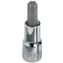 This Torx bit socket features a T30 tip size and a 1/4 in drive, with an overall length of 2 3/4 in. It is used for driving Torx fasteners in applications such as automotive repair, machinery assembly, and industrial maintenance. The replaceable insert design allows for extended tool life.