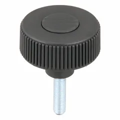 Knurled knob with threaded stud for manual clamping and adjustment. Plastic body with steel thread insert. 50 mm diameter, M10 thread, 20 mm thread length. Gray color.