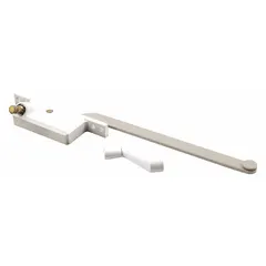 This left-hand crank window operator is designed for use with casement windows. It mounts to the frame and includes a handle for smooth operation. The operator has a 4-3/4 in base length and a white painted finish. Suitable for residential and light-commercial window maintenance and repair.