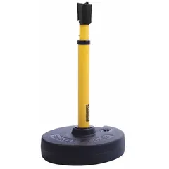 This yellow plastic receiver post is designed for use with retractable belt barriers in crowd control and queue management applications. The 16-inch post height and flat base shape allow for stable placement when the base is filled. It serves as a mounting point for barrier belts to create temporary pedestrian pathways or restricted zones.