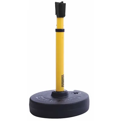 BANNER STAKES Barrier System Receiver Post: Round Flat, 16 in Post Ht, Yellow, Plastic - Fillable-Base Receiver Posts for Retractable Belt Barriers