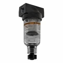 Particulate filter for compressed air systems with 1/4 in NPT ports, 5 micron filtration rating, 24 scfm flow capacity, and 150 psig maximum operating pressure. Features a Twist Drain and plastic bowl. Removes solid contaminants to protect downstream pneumatic equipment in air preparation units.