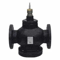 This 3-way globe valve features a cast iron body, stainless steel stem, and tee configuration. It has a 4-inch flanged connection and a flow coefficient (Cv) of 160. Designed for hydronic HVAC systems, it is used to mix or divert water flow in commercial heating and cooling loops, chiller plants, and boiler systems.
