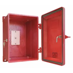 Red plastic weatherproof phone enclosure with key lock and modular jack. NEMA 4X rated and corrosion resistant for pole mounting. Designed for use with wall telephones in outdoor or wet locations.