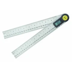 Digital protractor with a 0° to 360° measurement range and ±0.3° accuracy. Constructed with a stainless steel blade and an LCD display. Powered by an included lithium battery. Suitable for angle measurement in layout, miter cuts, and alignment tasks.
