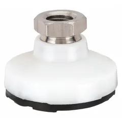 Acetal homopolymer leveling mount with 3-inch base and 3/4"-10 female thread. Non-skid swivel boltless design provides vibration dampening and floor protection. Used for leveling and stabilizing industrial machinery, conveyors, and workstations.