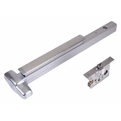 Mortise exit device with touchbar style, chrome finish, rated for doors up to 3 ft wide. ADA compliant for accessible egress. Suitable for commercial applications requiring push-pad operation.
