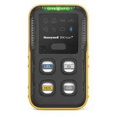 The HONEYWELL BW Icon+ Multi-Gas Detector (CP-I-00X100S3-Y-00) detects oxygen levels in ambient air. It features a yellow housing, lithium battery chemistry, and Bluetooth communication protocol. This unit is suitable for personal safety monitoring in industrial environments where oxygen deficiency or enrichment may occur.