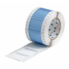 Polyolefin sleeve label roll with white matte finish. Each label measures 1 in x 2 in and fits wire gauges from 0 AWG to 2 AWG. Compatible with i7100 printer series. Used for permanent wire and cable identification in control panels and electrical installations.