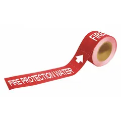 Red adhesive pipe marker on a roll with red legend reading 'Fire Protection Water' and arrows. Designed for pipe outer diameters from 2-1/2 to 6 inches. Pack of 25 markers. Used to identify fire protection water lines in facilities.