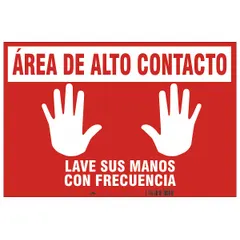 White non-reflective vinyl floor sign with adhesive mounting, nominal size 14 x 18 inches, 0.027 inches thick. Used to indicate high-touch areas and remind personnel to wash hands, with text in Spanish. Suitable for indoor floors in industrial, commercial, or institutional settings.
