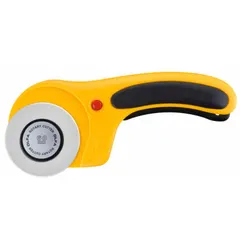 Retracting blade rotary cutter with a 2 1/4 inch diameter tungsten blade and a 7 1/2 inch handle length. The handle is constructed from plastic and rubber. The blade retracts for safety. Used for cutting fabric, paper, vinyl, and other sheet materials.