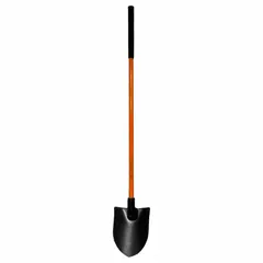 Round point shovel with a 14-gauge steel blade in black finish. Features a black fiberglass straight handle for non-conductive properties. Suitable for digging and moving loose materials in general outdoor and construction tasks.