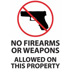 This 2-pack of adhesive-mounted signs displays a 'No Firearms or Weapons Allowed On This Property' message. Each sign measures 7 inches by 5 inches and is not retroreflective. Suitable for mounting on doors, windows, or walls in commercial or public facilities to communicate property policy.