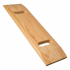 This wood transfer board is used for moving patients in healthcare settings, such as transferring from bed to stretcher. It measures 32 inches in length, 1 inch in width, and 10 inches in height, with a brown finish. The board supports a patient load capacity of 735 lb.