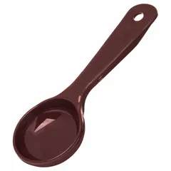 Solid acetal portion control spoon with a 1.5 oz capacity and short handle. Brown color. NSF Certified for food-service use. Suitable for dispensing consistent portions of solid ingredients in commercial kitchens, cafeterias, and institutional settings.