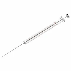Microliter syringe with 25 µL capacity, borosilicate glass barrel, stainless steel plunger, and PTFE tip. Cemented needle with point style 2, includes needles, sterile and individually packaged. Used for precise liquid handling in chromatography applications.